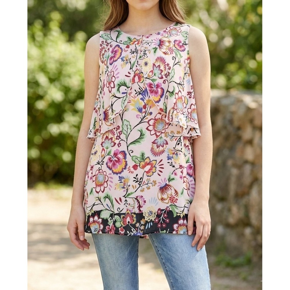 Democracy M Pink Floral Ruffle Layered Sleeveless Tunic Top Cottagecore Boho